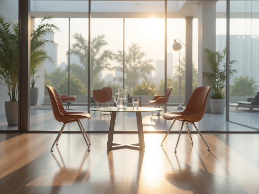 Professional office interior with modern furniture, meeting table, and corporate environment