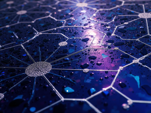 Futuristic technology concept with digital networks and glowing nodes, representing global connectivity